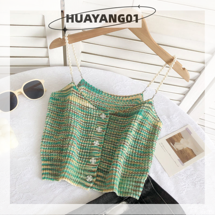 huayang01-2023แฟชั่นใหม่ล่าสุดเสื้อชั้นในสตรีถักสีสันสดใสเสื้อสายเดี่ยวแขนกุดสำหรับฤดูร้อนมีลูกปัดเซ็กซี่เสื้อกล้าม