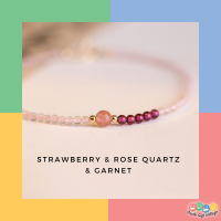 หินแท้ สร้อยข้อมือหิน Strawberry Quartz(4 mm.) &amp; Rose Quartz 2 mm. + Garnet 2 mm. มูแบบน่ารัก มินิมอลสไตล์