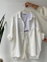 【 WYIN kitchen】 Fashion Pleated Women Pajamas Sets Summer Long Sleeve Blouses High Waist Shorts Set Loose Home Suit Sleepwear 2 Pieces