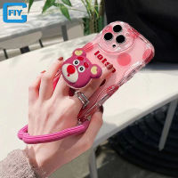 Lotso สายรัดข้อมือ Y30รูปหมีสตรอเบอร์รี่แบบพับได้,เคสสำหรับ VIVO โทรศัพท์ Y30i Y33S Y31 Y77 Y33T Y35 Y78 Y78 Y75 Y55 Y93 Y76S ใสขอบคลื่นสีชมพูเคสโทรศัพท์ใสสำหรับเด็กผู้หญิง