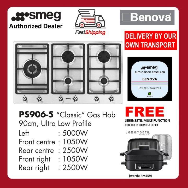 [10.10 SALE] Smeg 90cm "Classic" Ultra Low Profile 5 Burner Stainless Steel Gas Hob PS9065