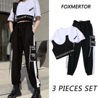 3 Pieces Set Summer Women Cargo Pants Suit Set Streetwear Outfit Harajuku Short Sleeve  Trousers Crop Tops Tee Shirt #TZ05