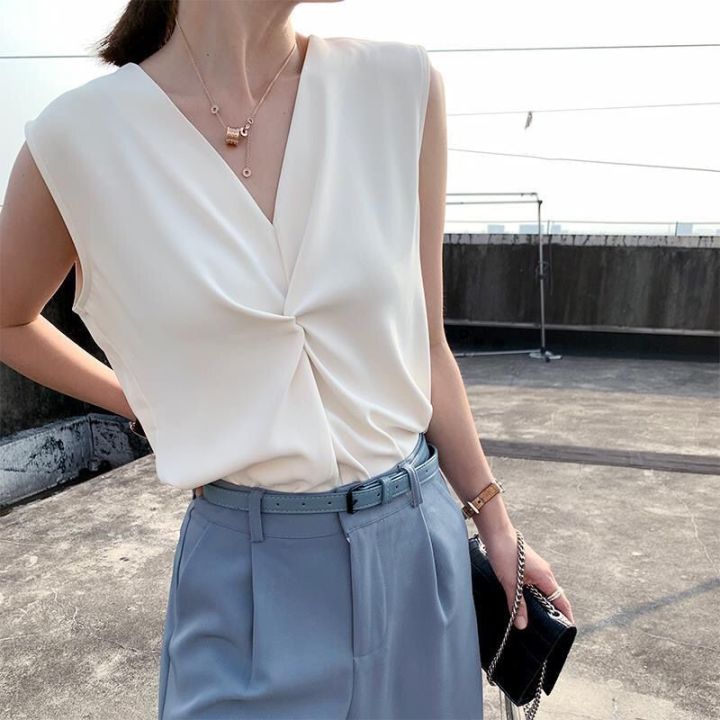 เสื้อยืด2023ฤดูร้อนดีไซน์ใหม่สีขาว-camisole-ผู้หญิงคอวีภายในมีเสื้อชั้นในแขนกุดเสื้อชั้นในเสื้อยืดเซ็กซี่