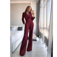 [COD] European and long-sleeved jumpsuit womens casual solid wide-leg high waist V-neck foreign trade spot