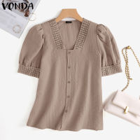 VONDA เสื้อลำลองสตรีคอวีแขนพัฟแขนสั้นหน้าอกลูกไม้เย็บปะติดปะต่อกันเสื้อของแข็ง (สาเหตุเกาหลี) 2 #