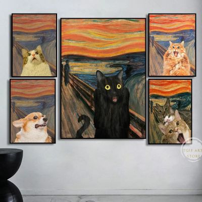 โปสเตอร์ภาพแมวดำตลกกรีดร้องภาพวาดผ้าใบสัตว์ศิลปะบนผนังภาพสำหรับภาพ Cuadros ห้องนั่งเล่นตกแต่งบ้าน