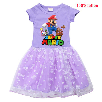Super Mario Bros ชุดเด็กผ้าฝ้ายพิมพ์ลายแขนยาว2-9ปีชุดเดรสสีรุ้งชุดเจ้าหญิงดาวพระจันทร์สำหรับเด็กผู้หญิง0000น่ารัก