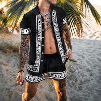 【CC】☎  printing Fashion New Beach Mens Shirt Breathable  Short Sleeve Shorts Men Set