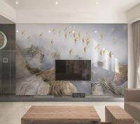 ☄▼♀ Decorative wallpaper New Chinese 3D Artistic Conception Landscape Golden Line Bird TV Background Wall