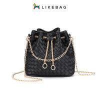 LIKEBAG กระเป๋าสะพายสายคล้องสตรีหนังสานออกแบบสีทึบกระเป๋าทรงถัง