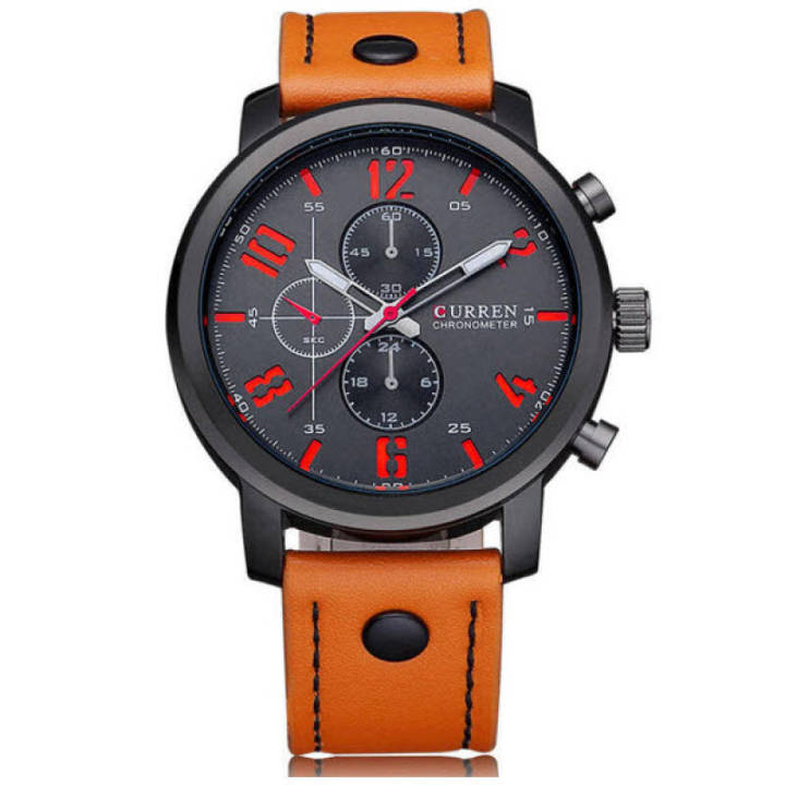 curren-นาฬิกาข้อมือผู้ชาย-สายหนังน้ำตาล-ส้ม-หน้าปัดสีดำ-รุ่น-c8192พร้อมกล่องนาฬิกา-curren-clearance-sale-ราคาลดสุดๆ