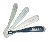 BEABA Set of 4 ergonomic 1st age Silicone Spoons RAINBOW (assorted colors Eucalyptus / Lagoon / Light Grey / Navy Blue)