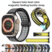 สายซิลิโคนสองสีสำหรับสายคาด Apple Watch 49มม. 45มม. 41มม. 44มม. 40มม. 42มม. สายเชื่อมลูปแม่เหล็กสำหรับ IWatch 49มม. รุ่น8 7 6 SE 5 4 38มม.