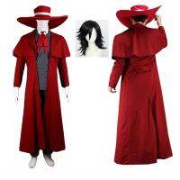 อะนิเมะ Hellsing Alucard เครื่องแต่งกายฮาโลวีนปาร์ตี้ชายหมวกเครื่องแบบสีแดง + เสื้อโค้ท + เสื้อกั๊ก + เสื้อเชิ้ต + ผูกโบว์ + กางเกง + ถุงมือสูทวิกผม