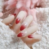 24pcs/box Gradient Red False Nails with Pearl Design Retro Pointed Head Press on Nails Almond Artificial Nail Patches for Girl