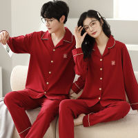 Spot Gifts Big Red Color Couple Pajamas, Spring And Autumn Cotton Wedding Male Ladies Lapel Set Summer Long