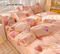 ✳✉ Pink Orange Striped Love Heart Quilt Cover Single Double Full Queen Size Sheet With Pillowcase Bedding Set INS Korea Style Soft