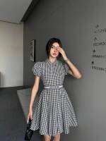 D I O RR 23SS ฤดูใบไม้ผลิฤดูร้อนแขนเสื้อ Lapel Checked Dress Letter Elastic Ribbon Waist