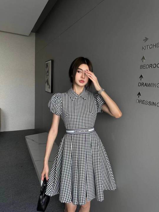 D I O RR 23SS SpringSummer Sleeve Lapel Checked Dress Letter