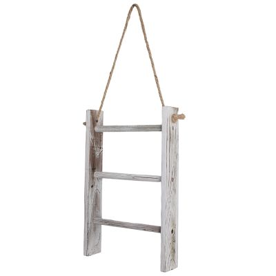 3-Tier Mini Whitewashed Wood Wall-Hanging Hand Towel Storage Ladder with Rope