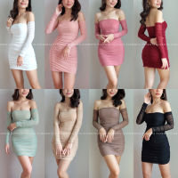 Mini Cara dress มินิเดรส เดรสสั้นแขนยาวดีเทลเปิดไหล่ ทรงยืดเข้ารูป