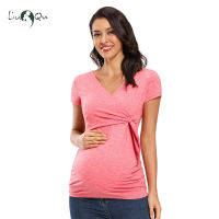 Women Short Sleeve Tees Maternity Summer Tops Pregnant Wrap Breastfeeding Clothes Solid Color Tops for Pregnancy Blouses Tops