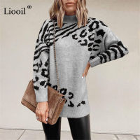 Leopard Print Turtleneck Knitted Sweaters For Women Ladies Long Sleeve Baggy Jumpers Thick Mock Neck Pullovers Autumn Winter