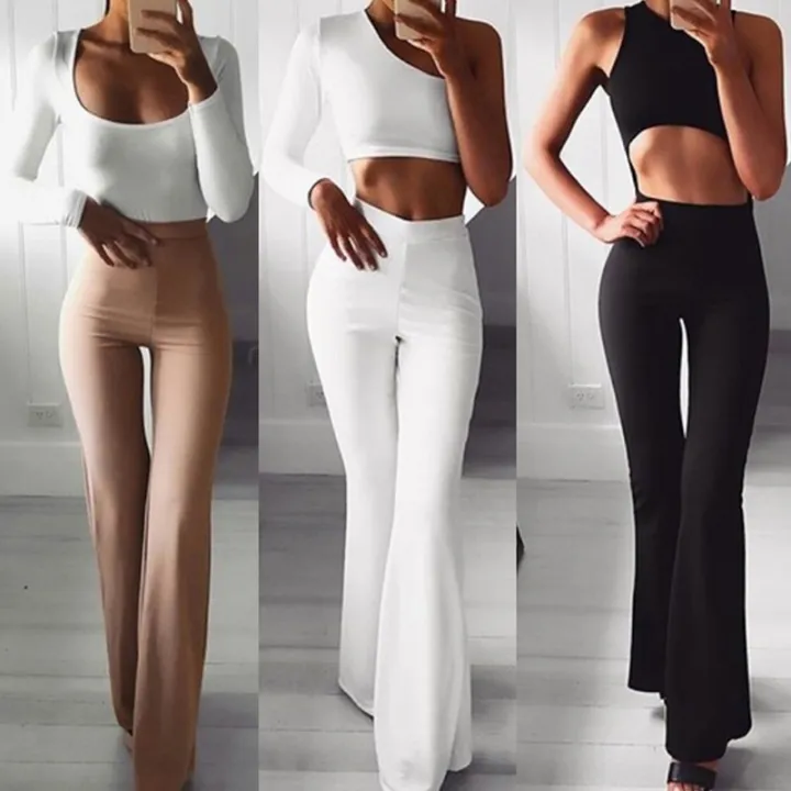 [Ls] Women Solid High Waist Flare Wide Leg Chic Trousers Bell Bottom ...