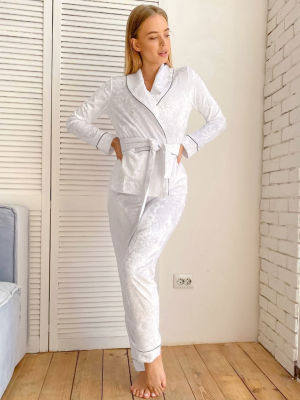 2021Linad Velour Robe Sets Lace Up Womens Home Clothes Turn-Down Collar Womens Nightwear Ankle-Length Pants Pajama Sets Solid Robe