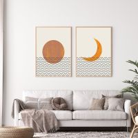 Abstract Landscape Sun Moon Waves Boho Canvas Prints Painting Wall Art Pictures Posters for Living Room Home Decoration No Frame