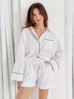 Hiloc White Vertical Striped Sleepwear Womens Cotton Lapel Women Pajama With Pocket Single Breasted Pijama Set With Shorts 2022