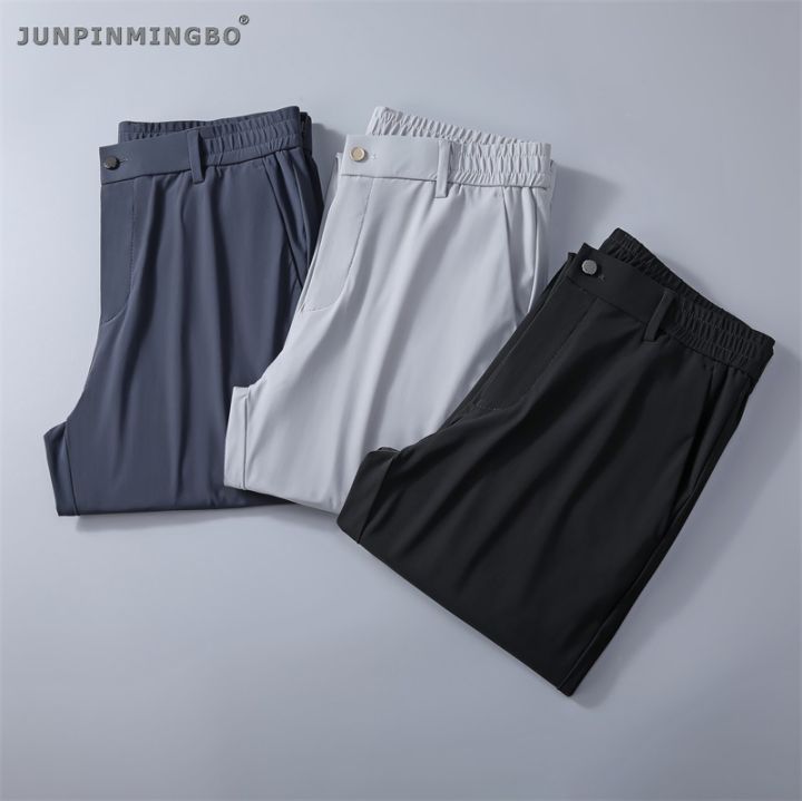 junpinmingbo-ผ้าไหมไอซ์ซิลค์สำหรับผู้ชาย-29-40กางเกงทำงานฤดูร้อนสวมใส่สบายระบายอากาศได้ดีกางเกงผ้านิ่มโอเวอร์ไซส์-celana-setelan-นักธุรกิจกางเกงเอวยางยืดขายาวตรง