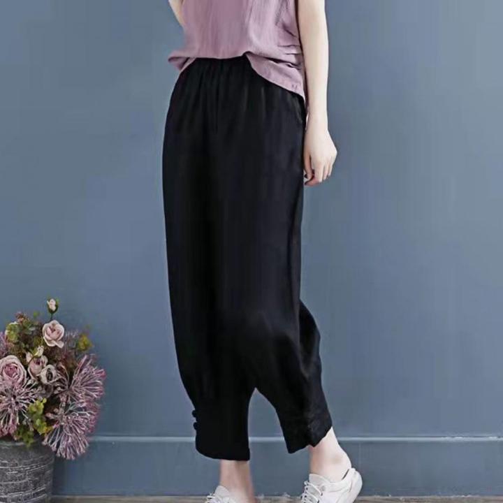 mid-rise-solid-color-slant-pockets-buttons-ankle-cuffs-lady-slacks-loose-fit-elastic-waist-casual-harem-trousers-female-clothing