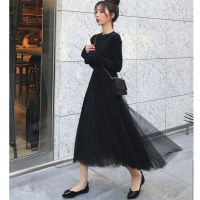 Fashion Women Sweater Long Dress Mesh Stitching Knitted Loose Women Maxi Dress Long Party Dresses Oversized Woman Clothing