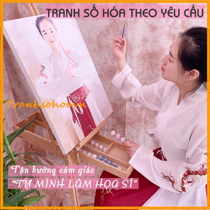 Tranh số hoá tự tô đã căng khung cô gái và chùm hoa tranh tô màu theo số   Tranh sơn dầu Thương hiệu OEM  NoiThatRubycom