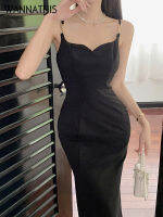 WannaThis Corset Classic Black Elegant Midi Strapdress Y2K Tank Folds ผู้หญิงเซ็กซี่ฤดูร้อน Elegant Beachwear Chic Party Dress