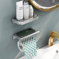 Portable Aluminum Alloy Wall Mounted Toilet Paper Holder with Tray Punch-Free Toilet Paper Roll Holder Bathroom Accessories