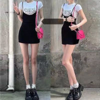 White Harajuku Kawaii Anime Shirt Woman Black Slim Fit Casual Overalls Dress Y2k Indie Two Piece Set Korean Fashion Clothes