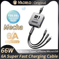 VAORLO Mech 6A 3 In 1,สายชาร์จเร็ว66W สายสามารถใส่ได้กับ iPhone ไลท์นิ่งที่ชาร์จแบบยืดหดได้ Type-C สำหรับ Xiaomi Redmi Huawei Infinix Oppo Vivo แอนดรอยด์สายชาร์จ