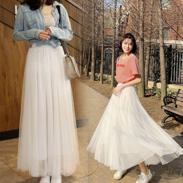 Women Fashion 3-layers Pink Tulle Skirts Elastic High Waist Mesh Tutu  Pleated Maxi Skirt Long Dress | Lazada Singapore