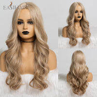 EASIHAIR Ombre Brown Champagne Blonde Highlight Long Loose Wave Synthetic Hair Wigs with Bang Heat Resistant Fake Hair for Women