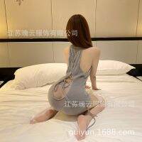 【Hot Sale】 New sexy lingerie work mouth gray knitted sweater turtleneck backless hip bag pajamas Years women