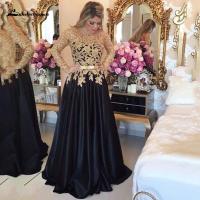 【YF】 A Line Mother Of The Bride Dress Long Sleeve Satin Gold Lace Appliques Beading Evening Party robe de soirée mariage