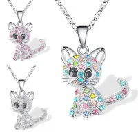 Xingyunday Girls Cute Cat Pendant Necklace for Women Children Fashion Colorful Crystal Cartoon Animal Necklaces Jewelry Gifts