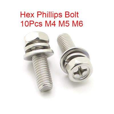 10pcs M4 M5 M6 Bolt Hex Cross Phillips Hexagon Screws Flat Spring Gasket Washers 304 Stainless Steel L=10-50mm 12/16/20/30/40mm Nails  Screws Fastener