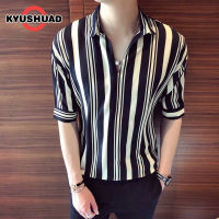 KYUSHUAD เสื้อเชิ้ตลำลองเสื้อแขนสั้นมีปกพิมพ์ลายทางของผู้ชาย