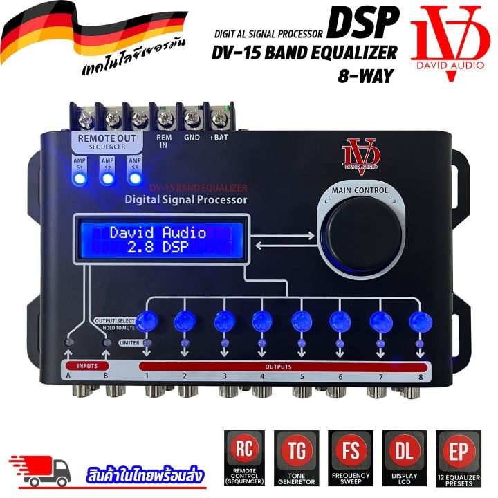 dsp-ยี่ห้อ-david-audio-รุ่นdv-15-band-equalizer-8-way-ชุดปรับแต่งจูนระบบเสียง-เครื่องเสียงรถ-digital-signal-processor-ระดับเสียงคุณภาพเยี่ยม-กลางแหลมชัดเจนทุกย่านความถี่