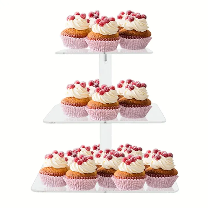 3 Tier Square Acrylic Cupcake Stand Transparent Cake Display Shelf