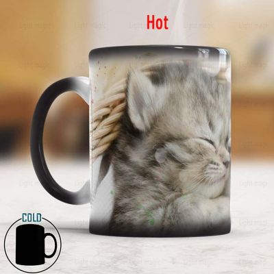 【High-end cups】 แมวน้อยความร้อนเปลี่ยนแก้วกาแฟ11ออนซ์เปลี่ยนสีเซรามิกลูกแมวแก้วสาวเพื่อนวันเกิดแก้ว
