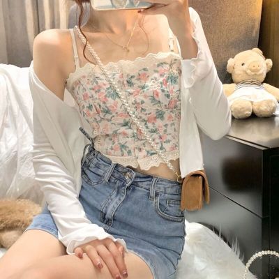 croptop for kids 10 to 12 t-shirt for kids girl Small Fresh White Cardigan Floral Sweet Hot Girl Style Lace Camisole Top Women Outer Wear Summer New Products